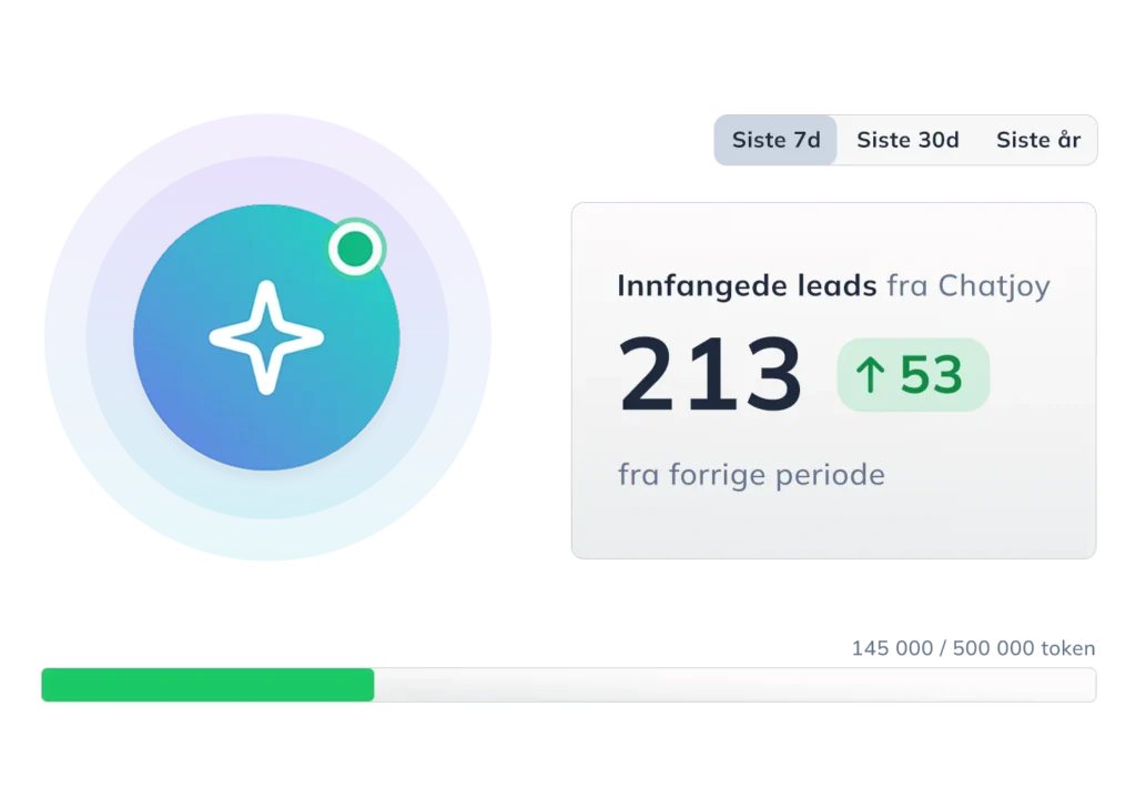 Chatjoy AI-chatbot viser 213 innfangede leads med 53 i økning fra forrige periode, med token-forbruksmåler på 145 000 av 500 000