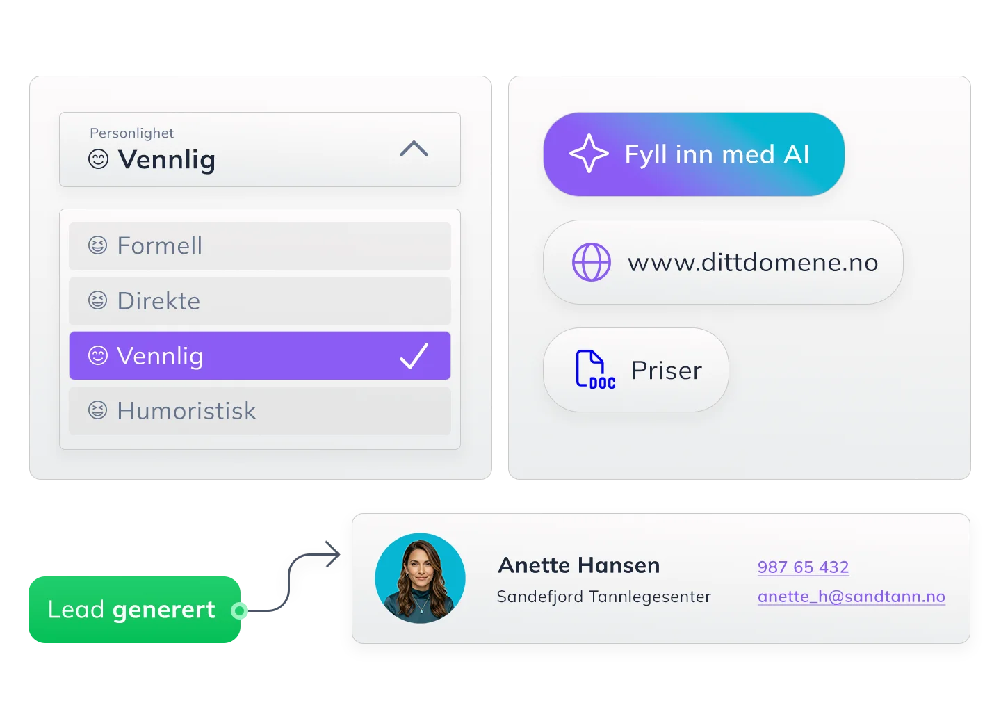 Chatjoy kundeportal viser personlighetsvalg for chatbot, opplasting av dokumenter og prisliste, samt et innfanget lead fra Anette Hansen ved Sandefjord Tannlegesenter