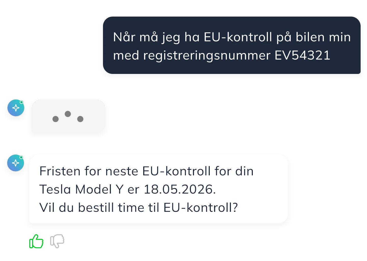 Chatjoy AI-chatbot svarer på spørsmål om EU-kontroll for bil med registreringsnummer og informerer om at fristen for Tesla Model Y er 18.05.2026, med tilbud om å bestille time